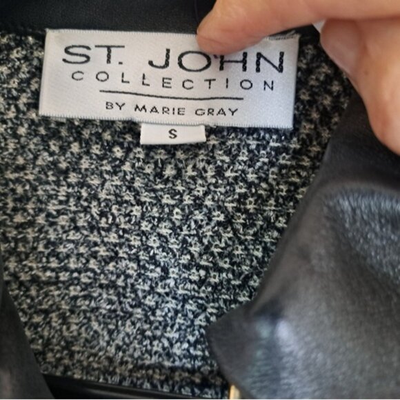 St John Collection Marie Grey Vintage Knit Short Jacket Leather trim sz S - Picture 13 of 13